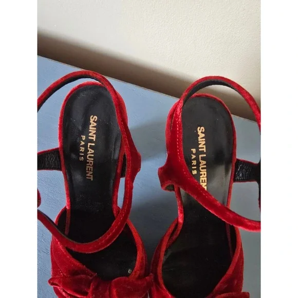 Saint Laurent Paris Red Velvet Platform Heels Glitter Heel Sandals EU 39 - Picture 3 of 6